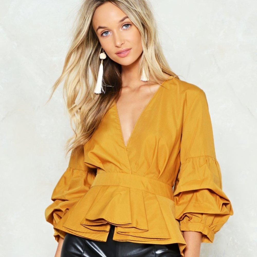 Mustard Peplum Blouse w/ Puff Sleeves *2/4/S*